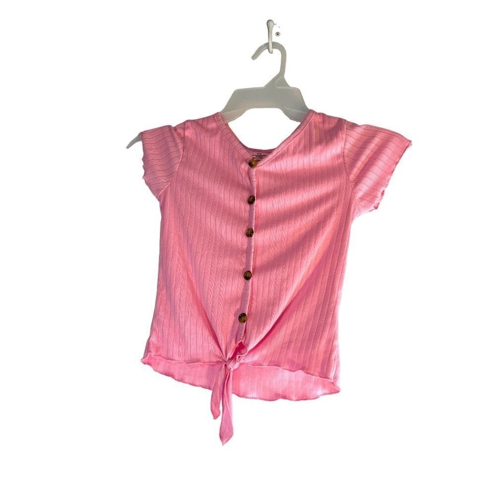 One Step Up Girls Top Short Sleeve Tie Up Decorative Buttons Pullover Pink Size
